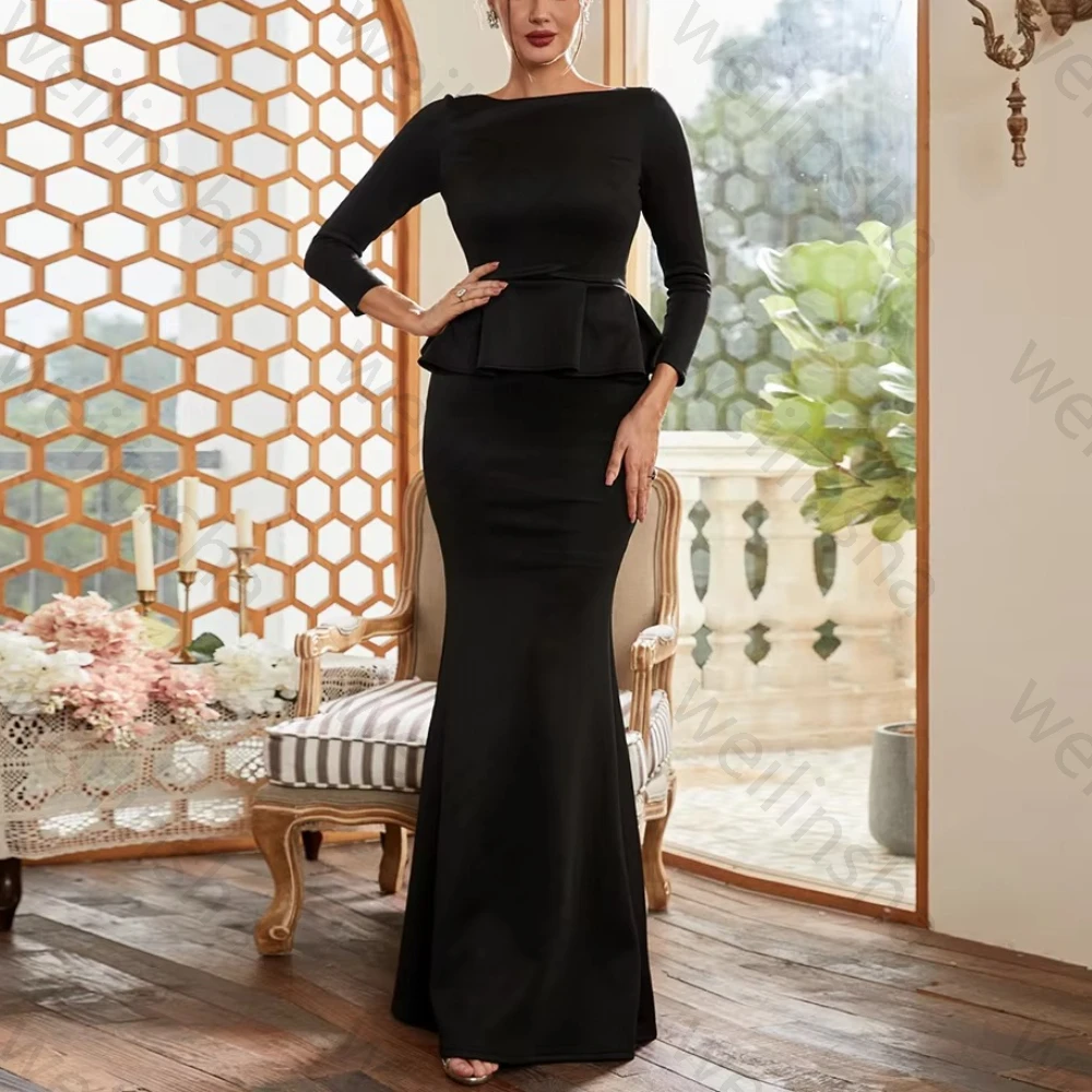 

Customized Long Sleeve Ruffles Mermaid Black Evening Dresses Elegant Celebrity Dress Sexy High Quality Prom Party Gown for Women