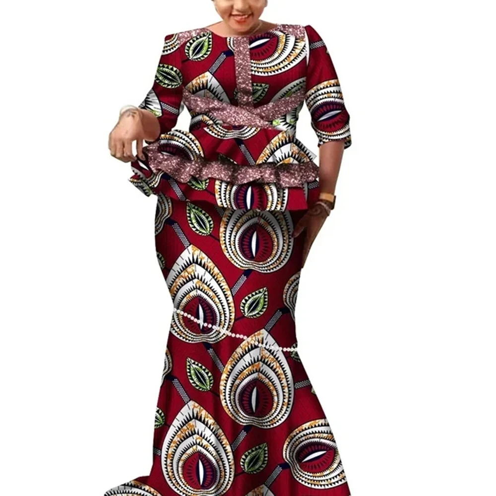 African Wedding Party Clothes for Women Autumn African Long Sleeve O-neck 2 Piece Top Long Skirt Matching Sets African Outfits