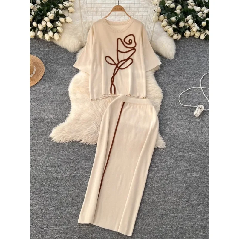 Summer Skirts Suit Female Korean Fashion Three-dimensional Rose Loose Round Neck Short Sleeve T-shirt High Waist Slim Skirts