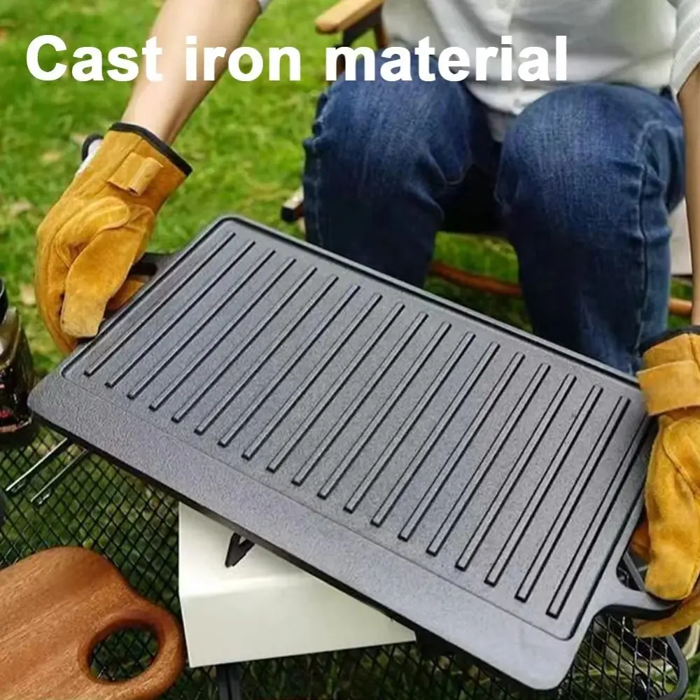 

Professional Double Sided Cast Iron Griddle Reversible Striped Surface BBQ Griddle Plate Non-Stick Durable Grilling Pan Camping