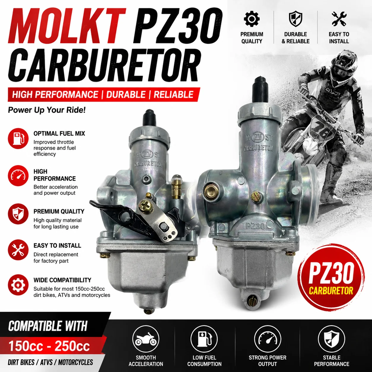 MOLKT PZ30 Carburetor 30mm Carb For Dirt Bike Pit Bike ATV Motorcycle 150cc 160cc 200cc 250cc Engine Performance Upgrade - view 2