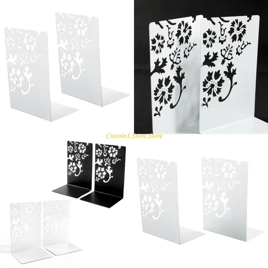 A3PC 1Pair Metal Book End For Shelves Hollowed Flower Bookend Slip Resistant Desktop Book Stopper For School Office Library