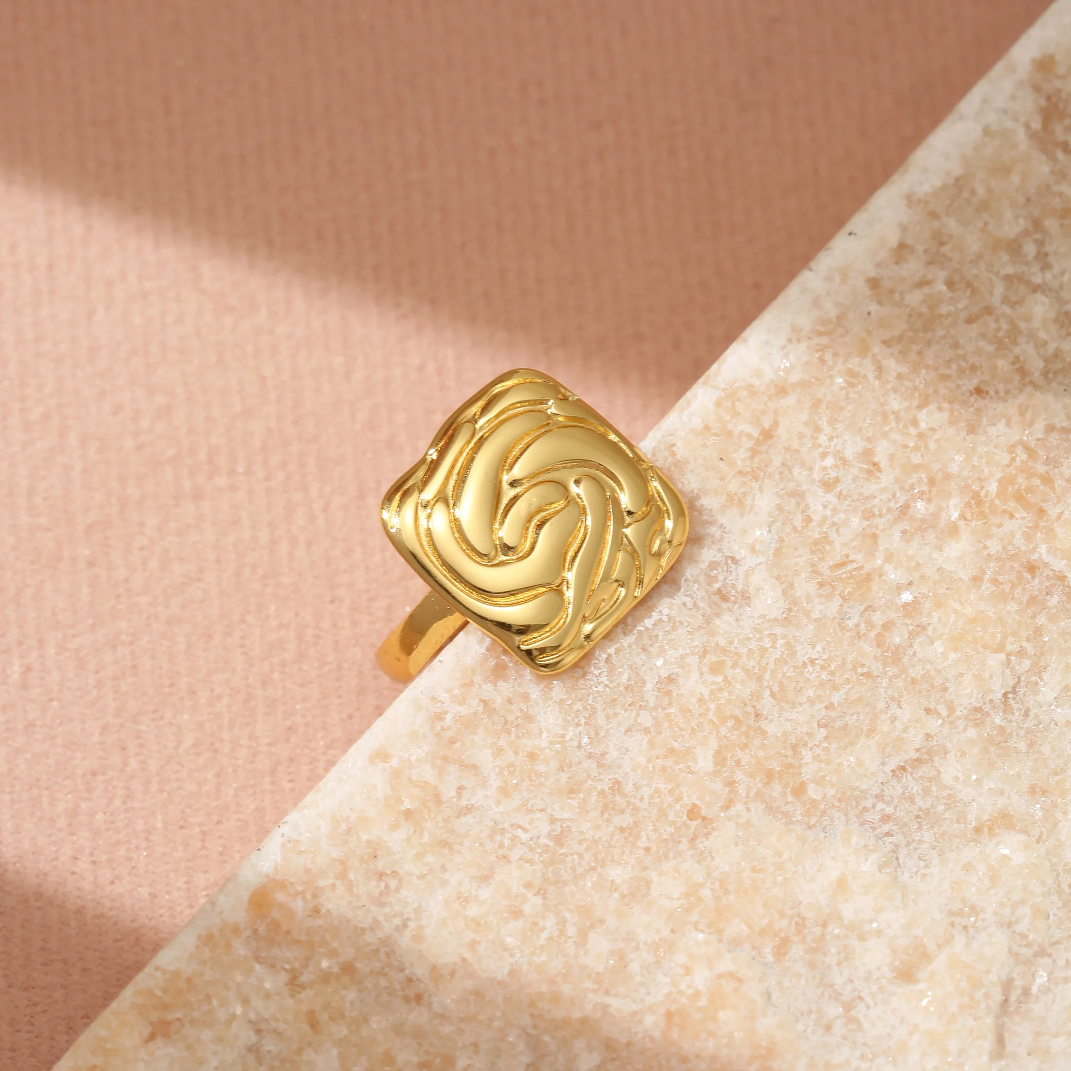 Golden Plated Abstract Swirl Embossed Square Open Adjustable Ring for Women Modern Art Statement Jewelry Gift
