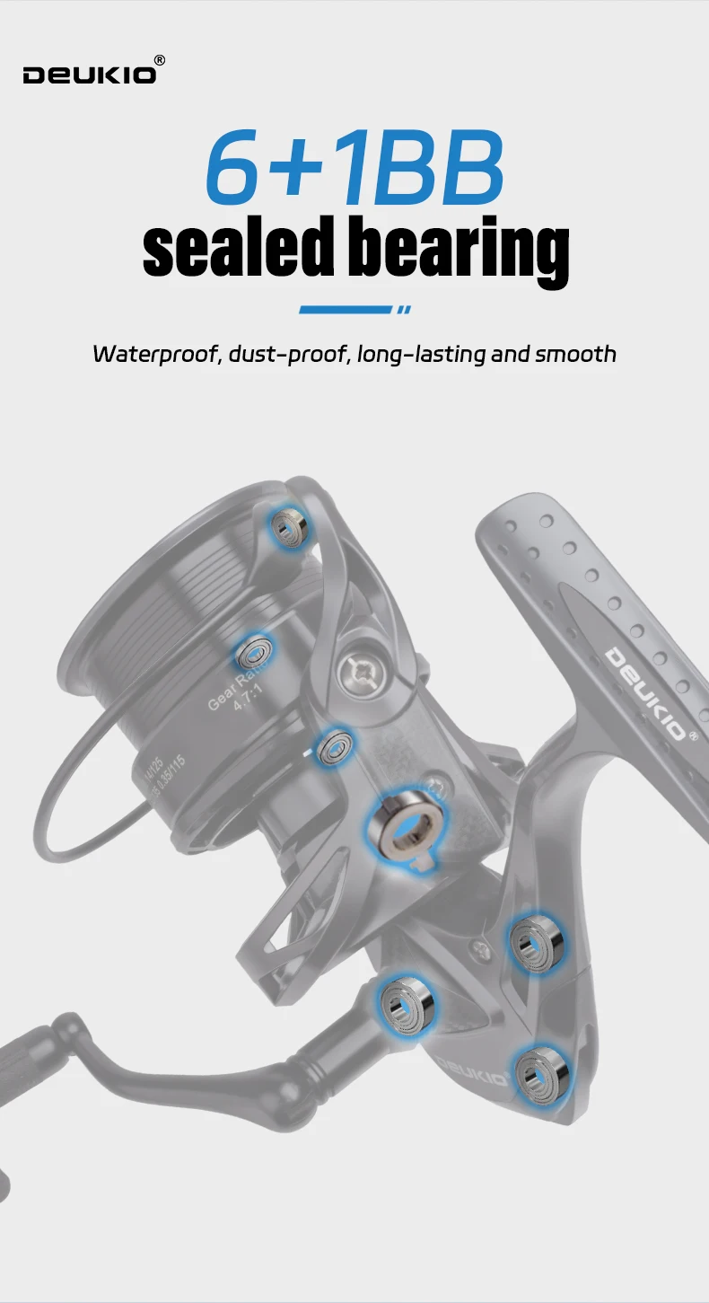 DEUKIO Spinnrolle 4500-8500 12KG Max. Bremskraft 4.7:1 6+1BB Metallspule CNC-Griff Salzwasser Surf Weitwurf-Köderrolle – Detail 9