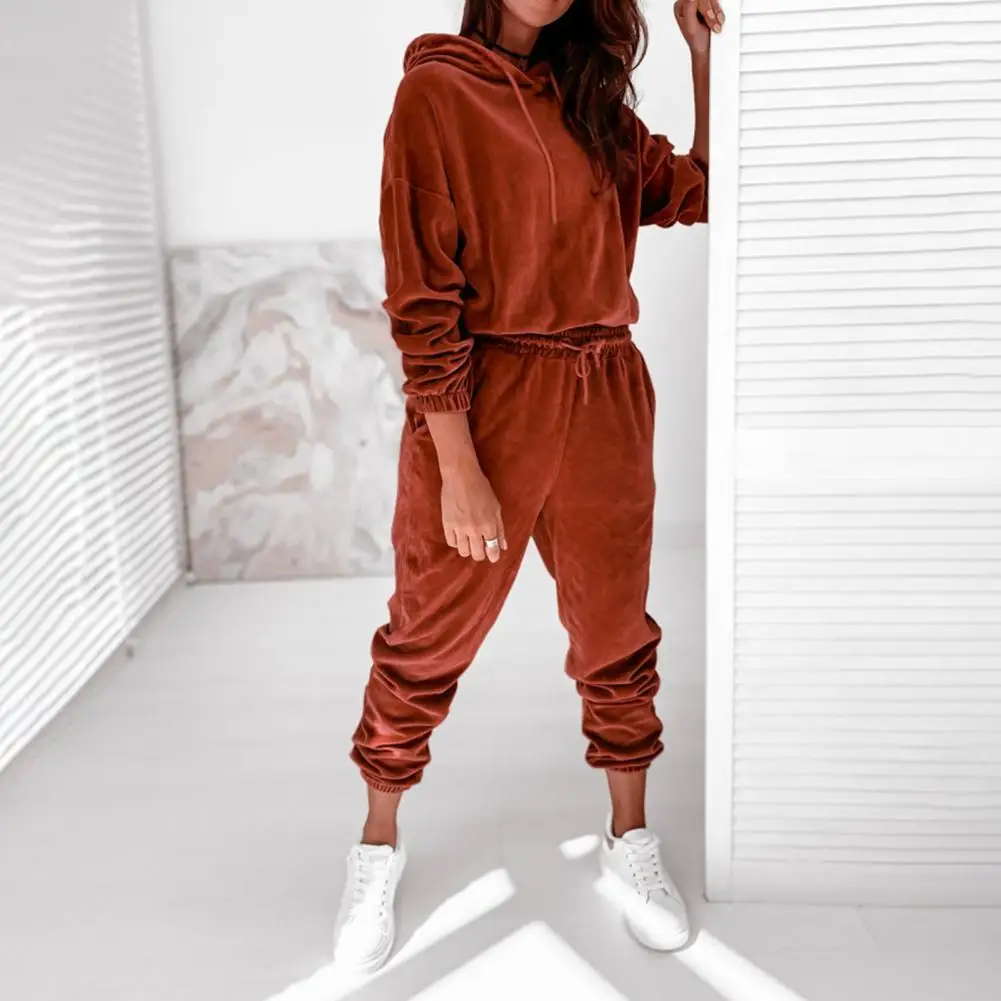 Stylish Hoodie Trousers Suit Long Sleeves Hat Ankle-length Hoodie Pants Set  Pockets Women Winter Tracksuit Lady Garment