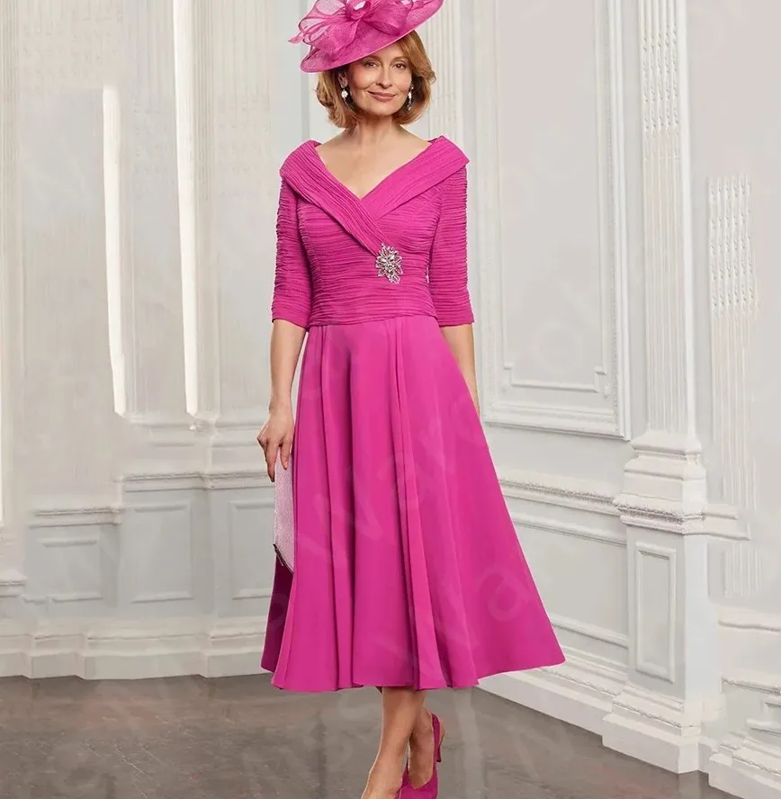 

New Arrival Hot Pink Mother of the Bride Dress 2025 Chiffon Mother Dresses Mid Calf Length Wedding Guest Party Gowns V Neck Ple