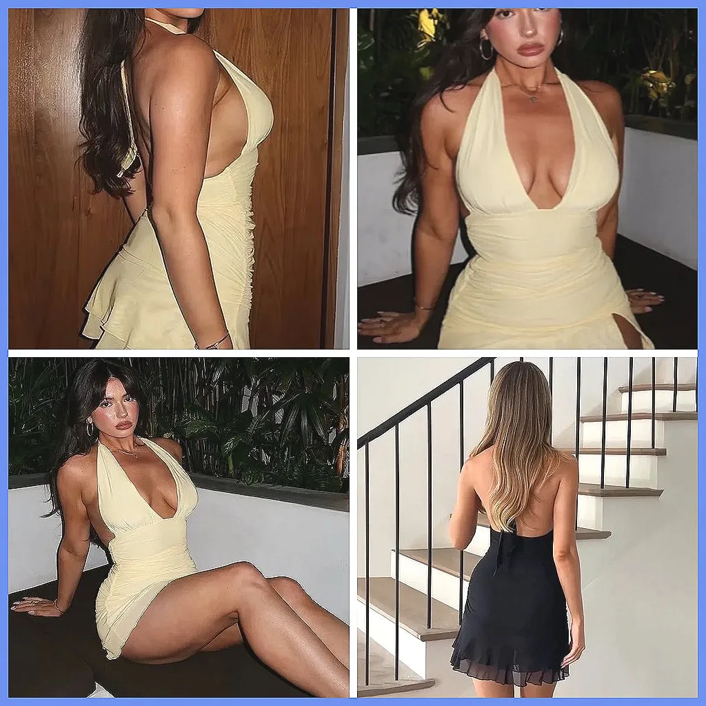 

Elegant Solid Color Pleated Halter Dress for Women, Off-Shoulder Sleeveless Backless Mini Party Gown