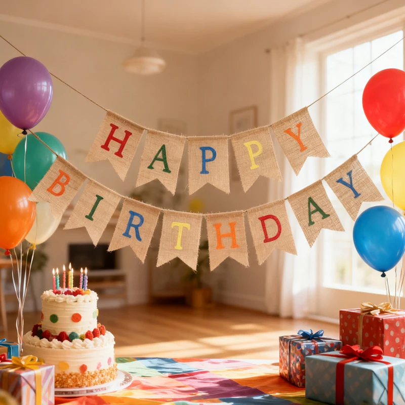 

Happy Birthday Burlap Banner Hanging Bunting for Mantle Fireplace Home Wall decorate Supplies Rustic Rainbow Birthday party gift