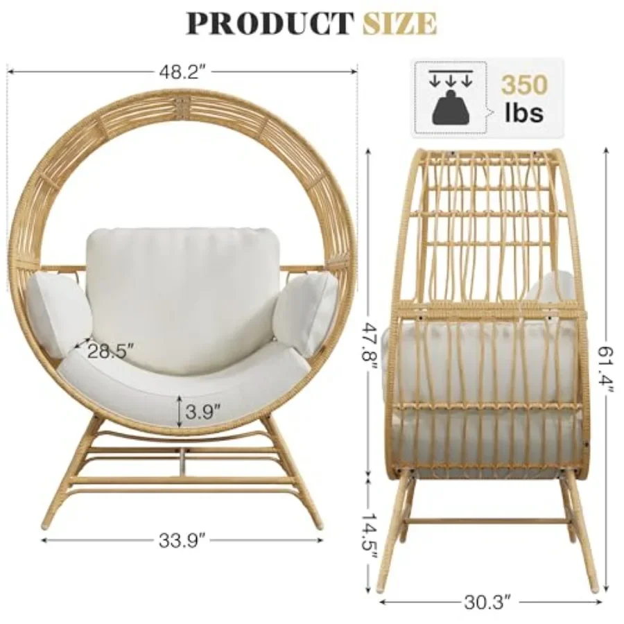 Indoor/Outdoor oversized egg chair for balcony, porch, living room, backyard; rattan wicker material, beige color, thickened cu