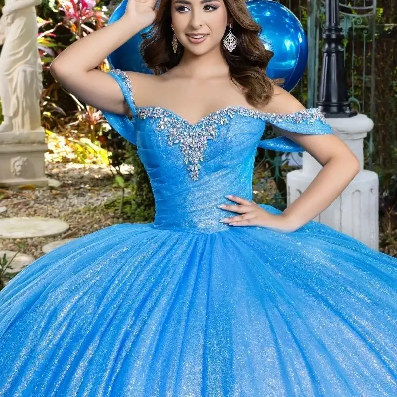 Customized Blue Shiny Ball Gown Quinceanera Dresses Off the Shoulder Beads  Party Birthday Vestidos 15 De Anos Sweet 16 Dress