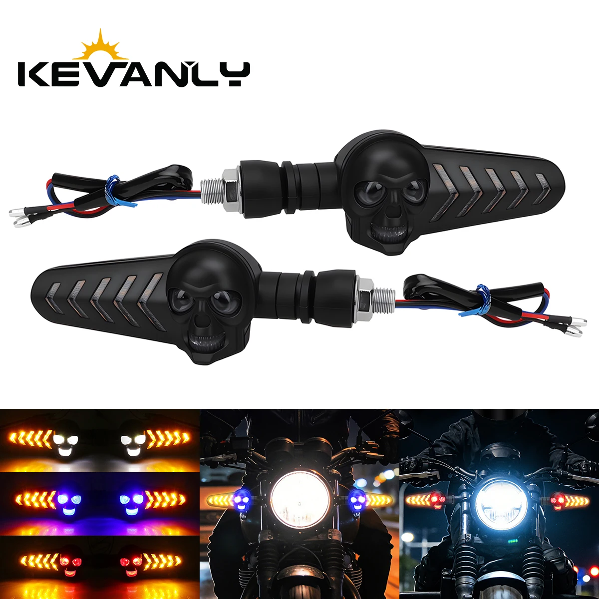 

1Pair Motorcycle Skull Head LED Turn Flowing Signal Light Dual Color Skeleton Arrow Amber Flashing Blinker Indicator