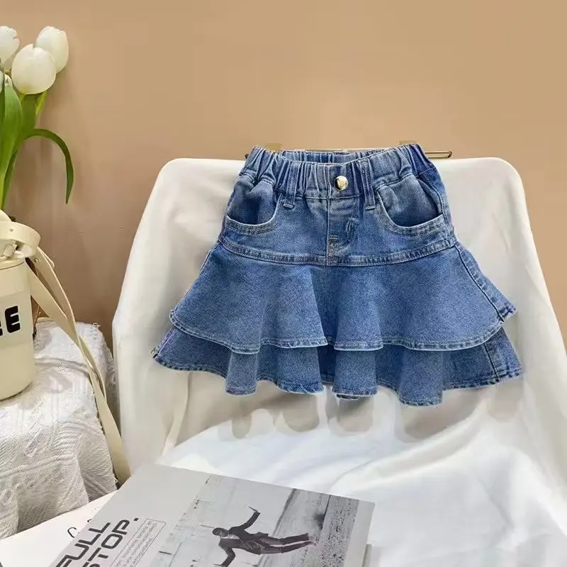 Jupe en jean plissée pour bébé fille, vêtements de printemps, été, décontracté, nouveau, 2, 4, 6, 7 T, 2023