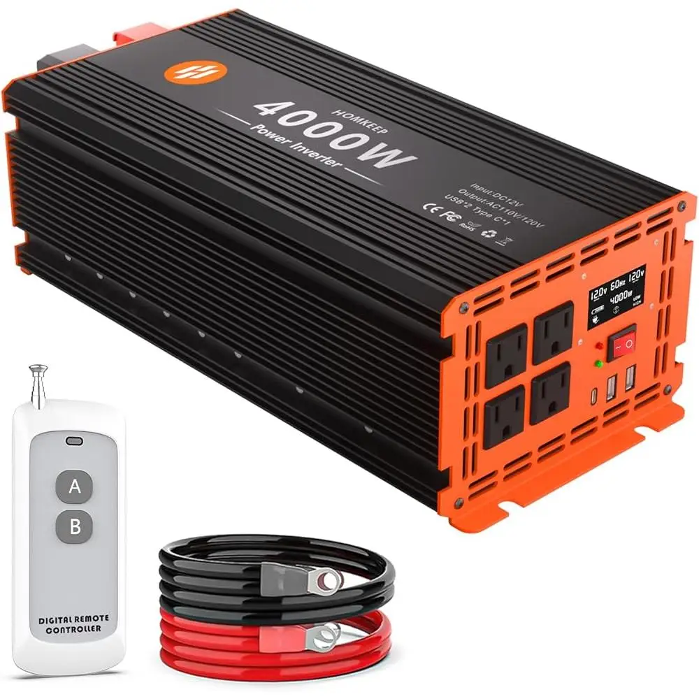 4000 Watt Power Inverter 12V DC to 110V/120V AC Converter Peak Power 8000W Car Inverter with LCD Display 4 AC Outlets 2 USB &