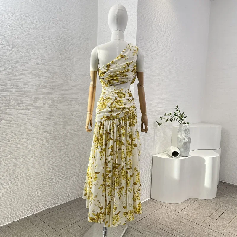 2025, neuer Stil, weiß, gelb, Blumendruck, ärmellos, asymmetrische Schulter, Ausschnitt an der Taille, unregelmäßiger Saum, Maxikleid