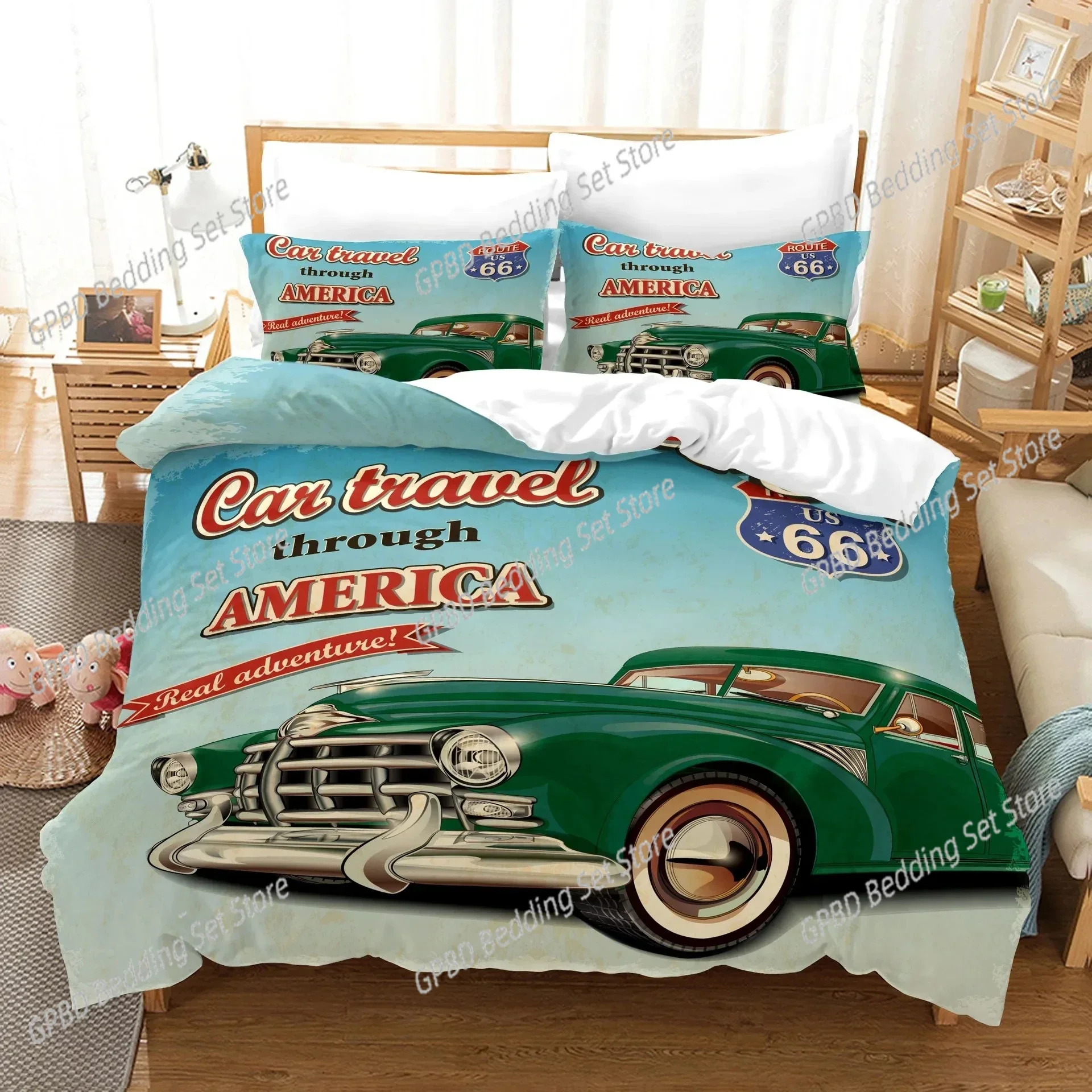 

Cars Duvet Cover Traditional Old Car Race Nostalgic American Car Bedding Set Classic Cars Polyester Quilt Cover for Boys Teens