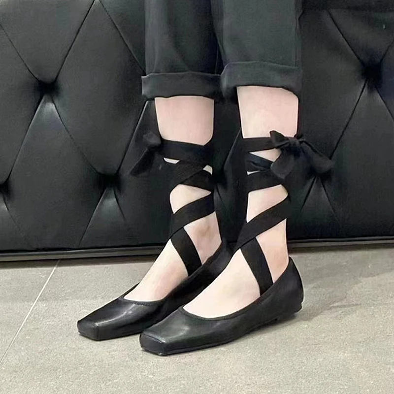 Classic Square Toe Lace Up Ballet Flats Women Fashion Leg Tie Strap Loafers Ladies Casual Ballerina Shoes