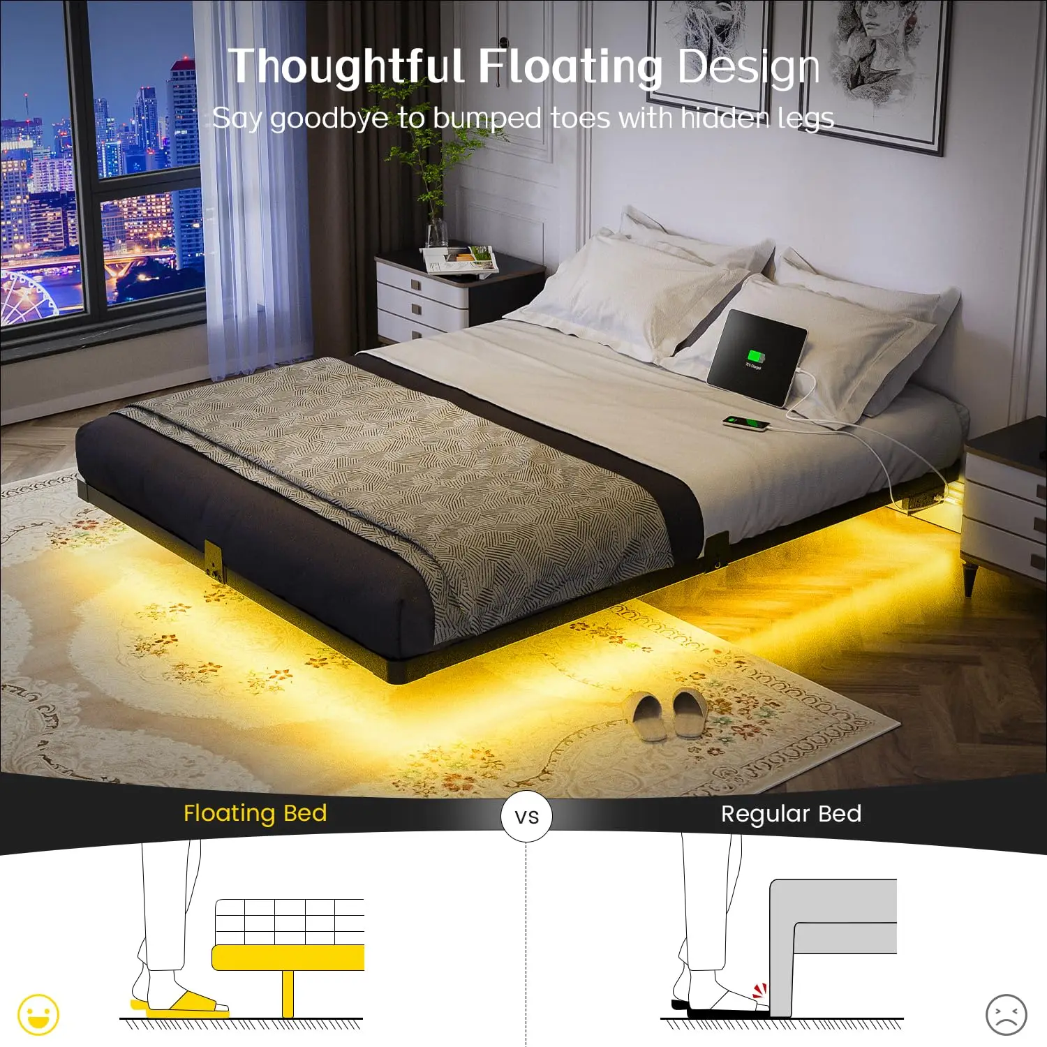 Full Size Metal Floating Bed Frame with LED Light & USB Charging Station, Customized