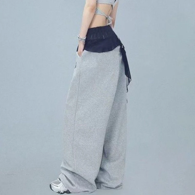 여성용 편지 인쇄 바지 느슨한 스포츠 바지 힙합 스트리트 댄스 넓은 다리 높은 허리 바지 캐주얼 심플한 디자인 Y2K