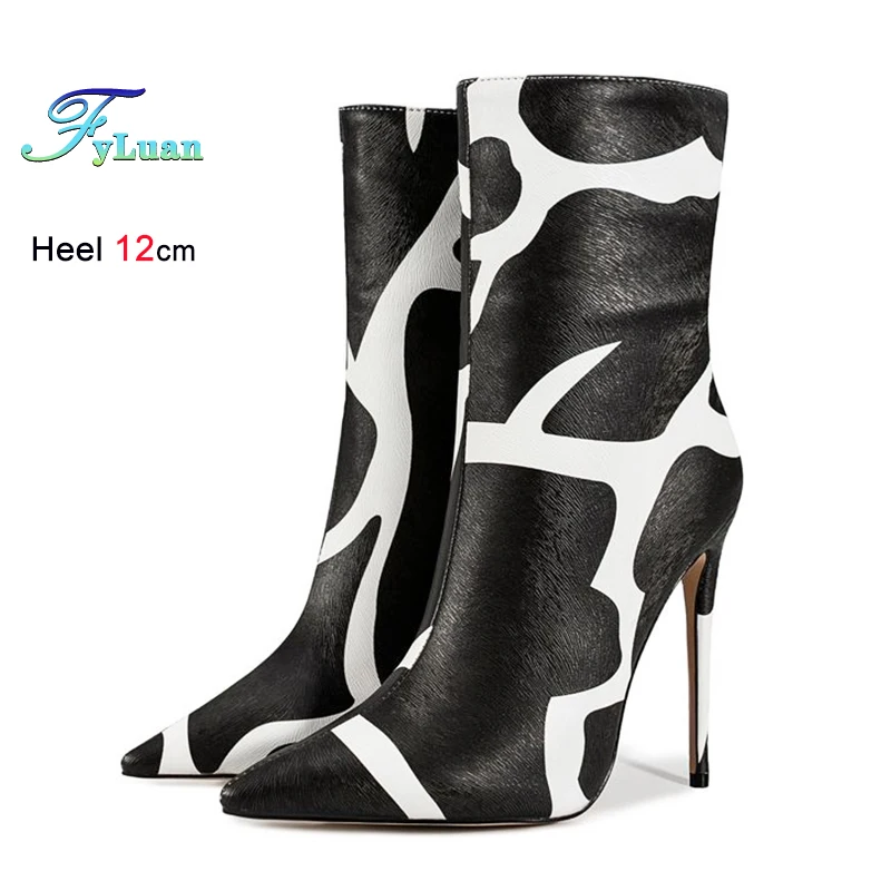 

Women Short Booties Mujer 12CM High Heel Elegant Women Winter Shoes Side Zipper Giraffe pattern Pointy Toe Stiletto Ankle Boots