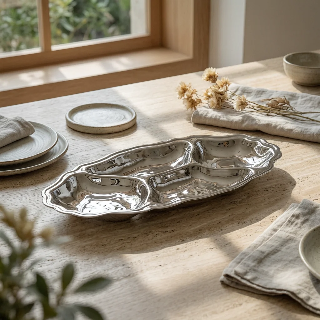 Divided Tray with Scalloped Rim Dishwasher Safe Divided Serving Plate Stainless Steel Snack Platter Long-Lasting Tableware