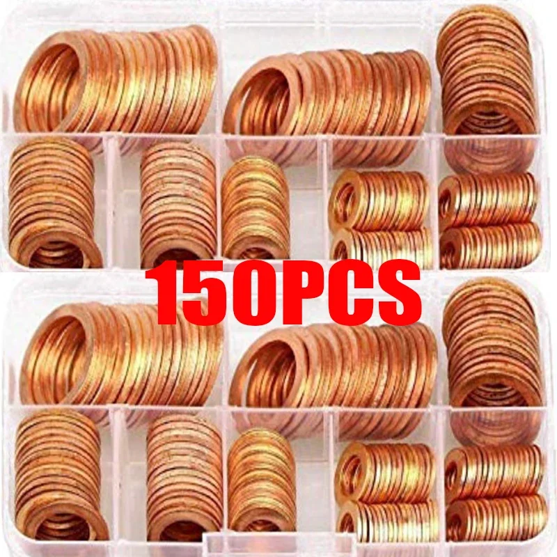 150PCS Copper Washer Gasket Nut And Bolt Set - Flat Ring Seal Kit for Sump Plugs Washers - M6/M8/M10/M12/M14/M16/M18/M20