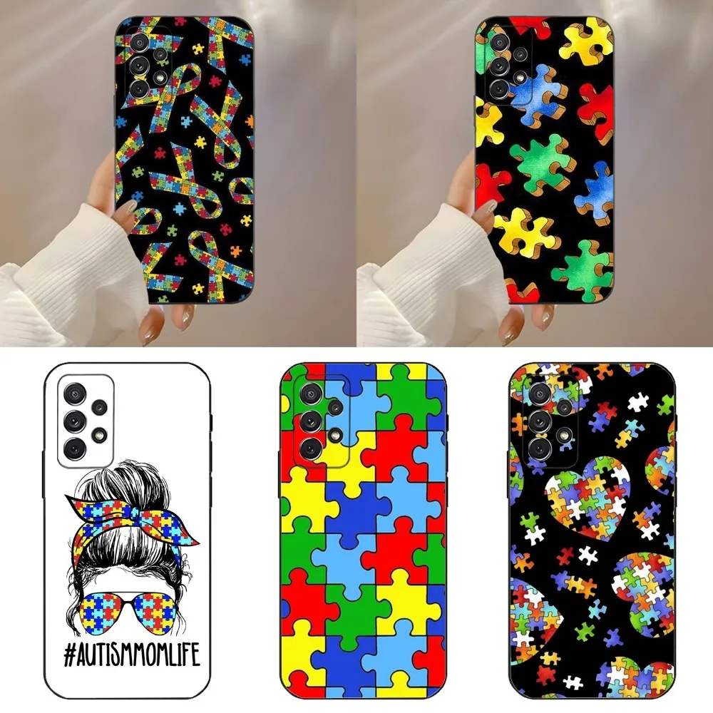 Autism Support Puzzle Phone Case For Samsung Galaxy A91,A80,A73,A72 ,A71,A53A52,A32 ,A31A22,A21s,A20,Black Cover