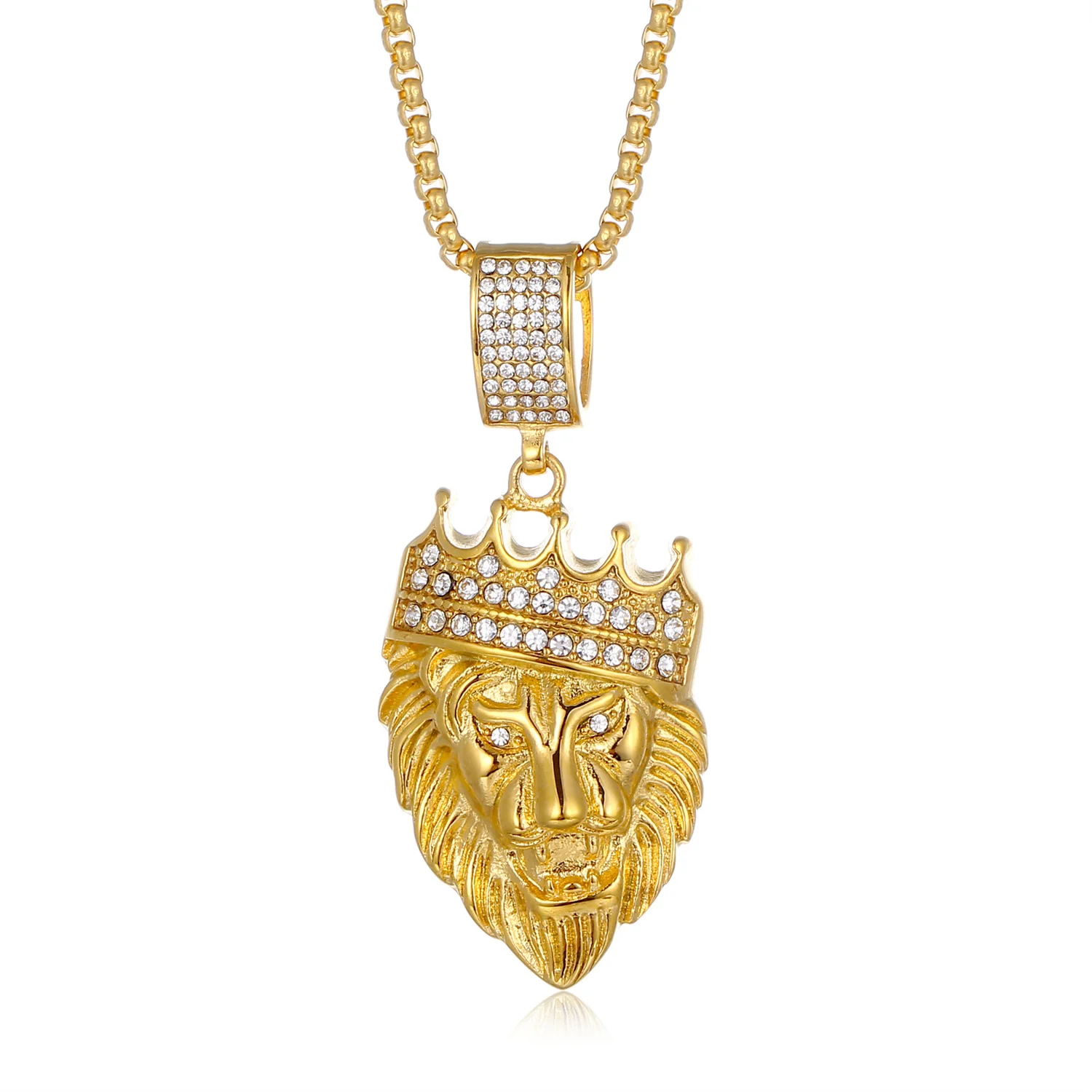 

Iced Out Bling Crown Lion Head Pendant Dropshipping Gold Color Stainless Steel Animal Necklace for Men Hip Hop Jewelry Gift