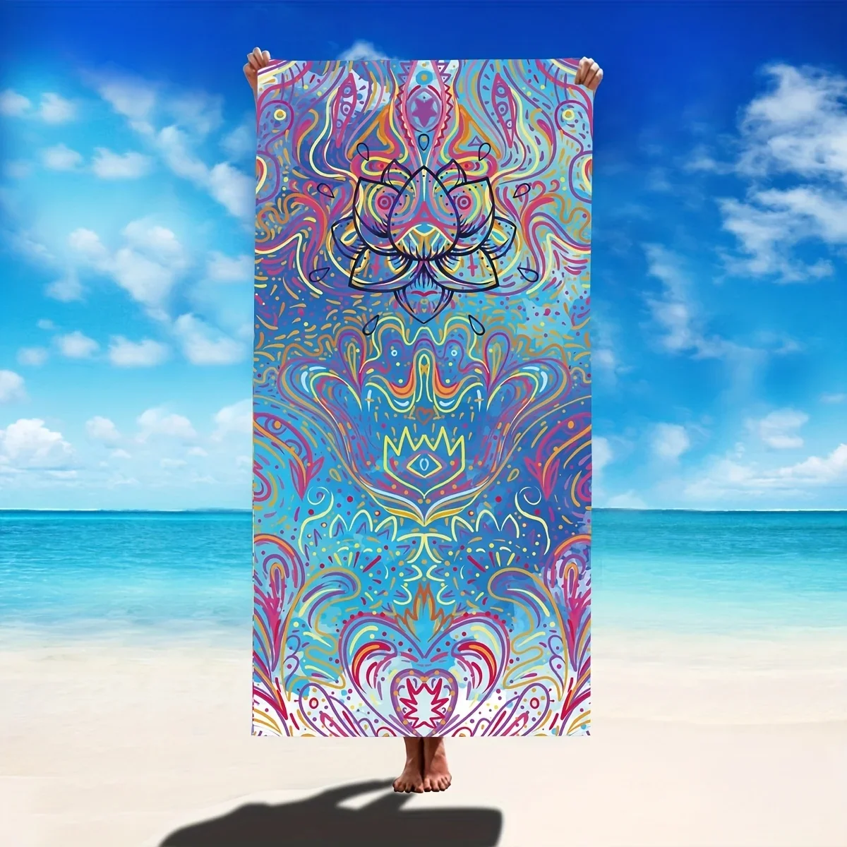 Quick Dry Beach Towel Bohemian Mandala Lotus Print Microfiber Soft Towel For Poolside Holiday Trip