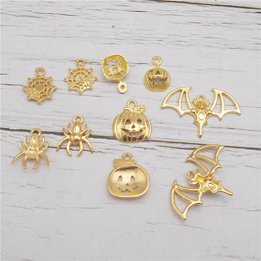 20PCS Gold Color Halloween Charms Alloy Bat Spider Cobweb Pumpkin Pendant Earrings Necklace Bracelet Jewelry Accessory