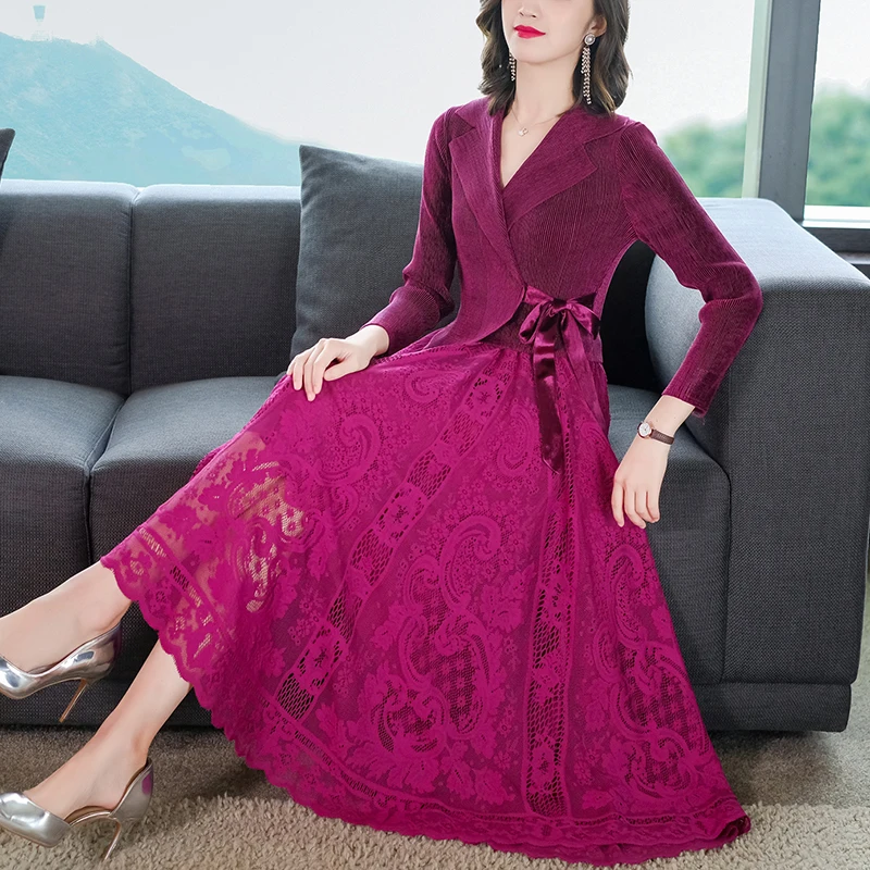 

Women's Elastic Magic Dress 2023 Autumn/Winter New Suit Collar Mesh Splice Long Sleeve Loose Size Slim Knee Length Dress