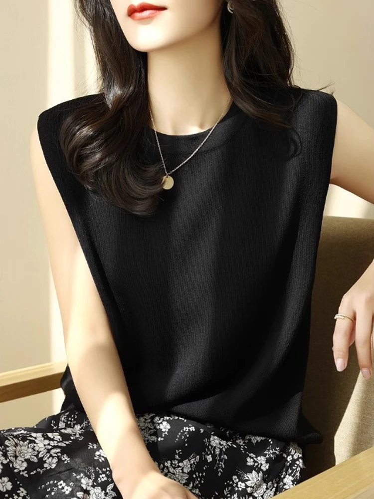 

Ele однотонный вязаный жилет, футболка, женская летняя повседневная утягивающая круглая футболка без рукавов, модный удобный