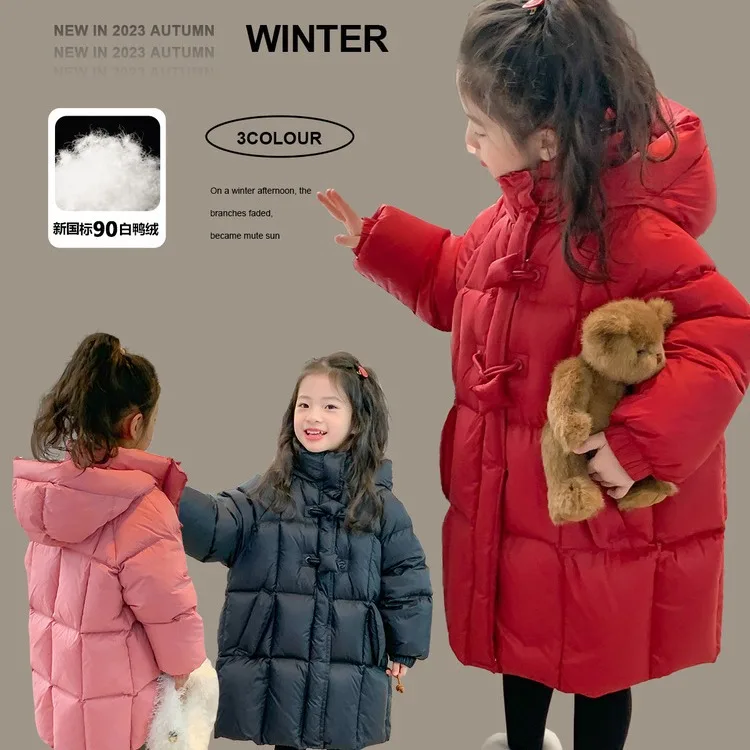 Girls' hooded padded jacket 2024 winter new children's coat long padded jacket