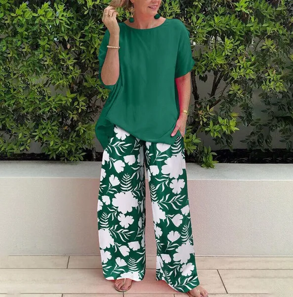

Women's Summer Fashion Loose Printed Pants Casual Set Two Piece Solid Color Half Sleeve Round Neck T-shirt Printed Pants Set