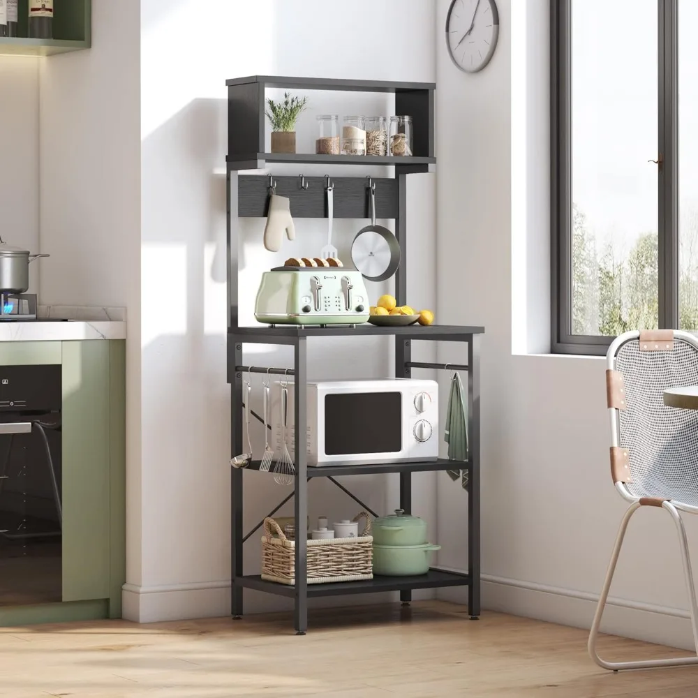 Kitchen Baker's Rack with Microwave Stand, Utility Storage Shelf, Coffee Station, 8 Side Hooks for Kitchen Organization and Spac