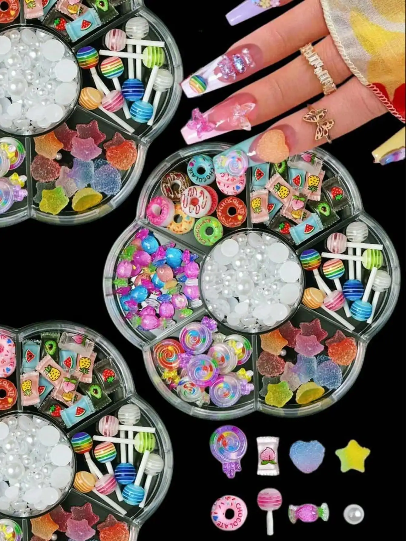 

1 Box Mixed Resin Nail Art Charms Set, 3D Bowknot Strawberry Cherry Nail Decorations with Pearls & Rhinestones,DIY Nail Supplies