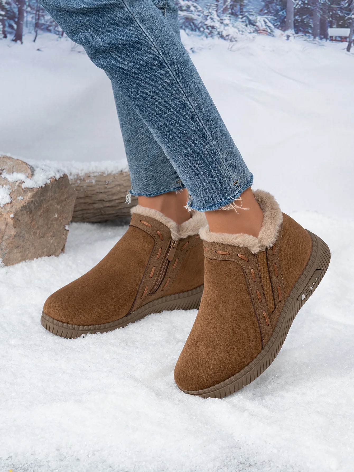 Damen-Winterstiefel Braun Damen-Knöchelstiefel mit seitlichem Reißverschluss, warm gefüttert mit Fleece, rutschfeste flache Schneestiefel für den täglichen Outdoor-Gebrauch. – Detail 9