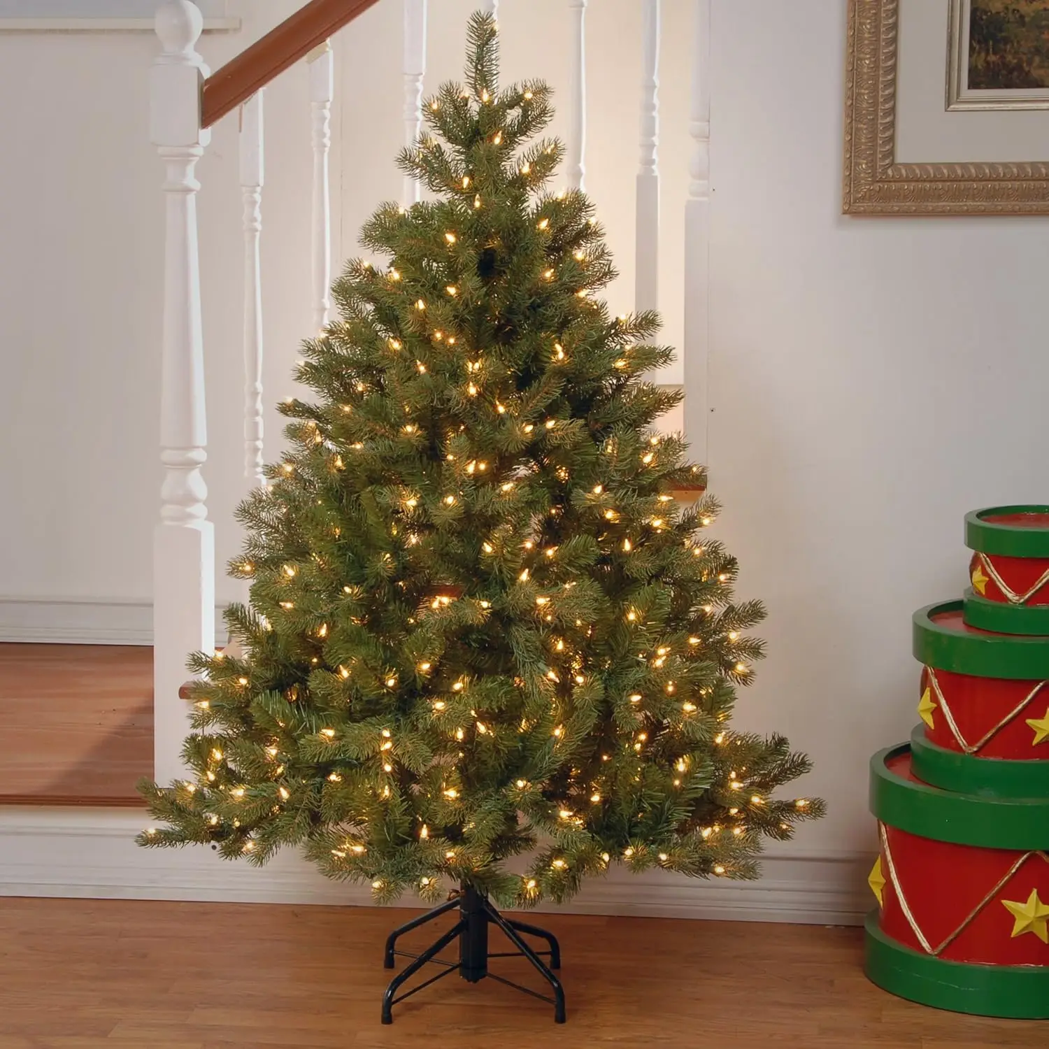 Pre-Lit Artificial Full Downswept Christmas Tree, Green, Douglas Fir, White Lights, Includes Stand, 4.5 feet