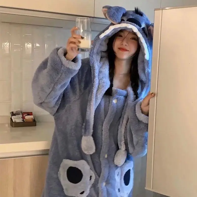 Disney Cartoon Winter Stitch Pajamas Autumn and Winter Cute Coral Thickened Velvet Long Home Clothes Pajamas Girls Home Clothes