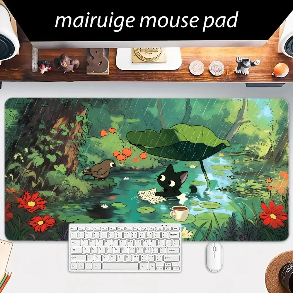 Tapis de souris chat noir dessin animé, grand tapis de Table de jeu pour ordinateur de bureau, XXL, en caoutchouc, antidérapant, bord cousu, pour clavier, Long bureau P