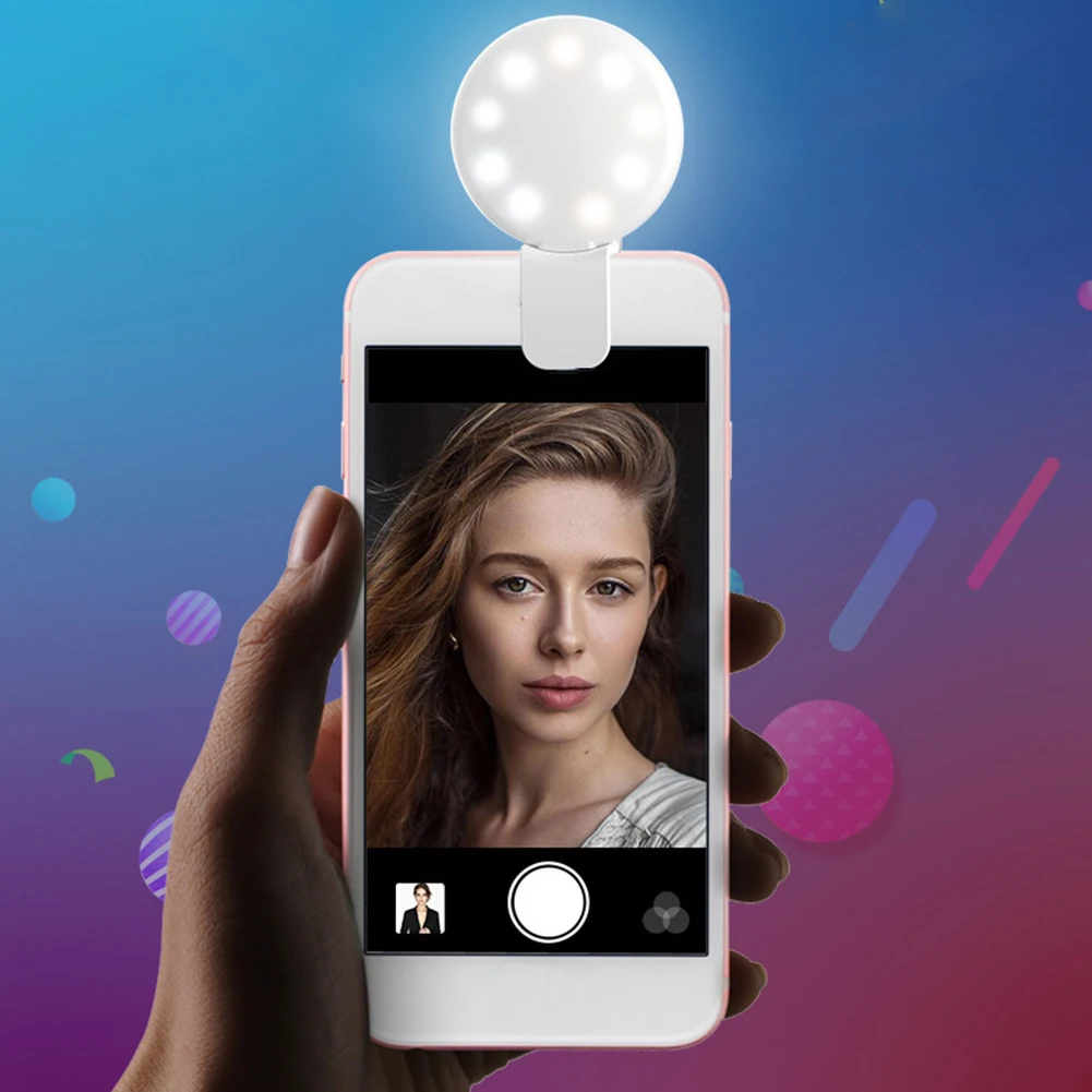 10 led anel de luz para o telefone móvel, lâmpada portátil, 3-stop escurecimento, portátil, durável, para selfie, beleza