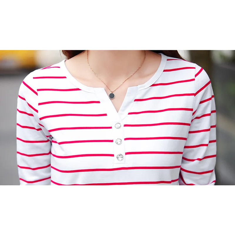 Autumn Female Clothing Casual Cotton T-Shirt  Women 2023 Spring Long Sleeve Striped Fashion Tops Tee Lady V-neck T-Shirt 7215 50