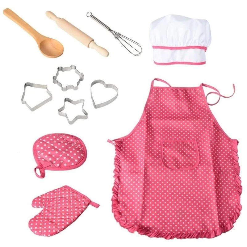 Y4QA 11Pcs Apron for Little Girls Kids Cooking Baking Set Chef Hat Mitt & Utensil