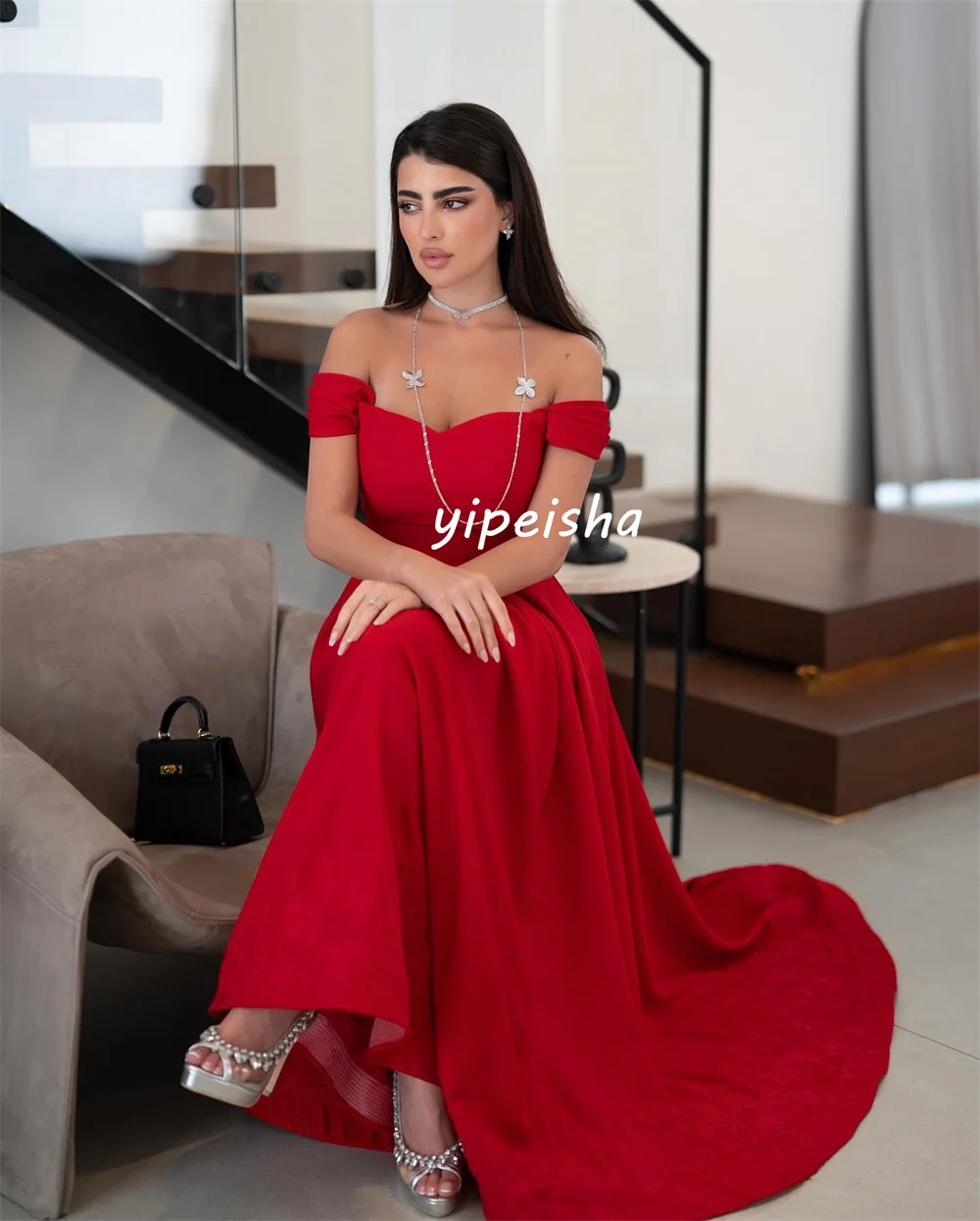 Vestidos largos personalizados a juego, Jersey exquisito plisado, fruncido, corte en A, hombros descubiertos, vestidos para ocasiones a medida, alta calidad