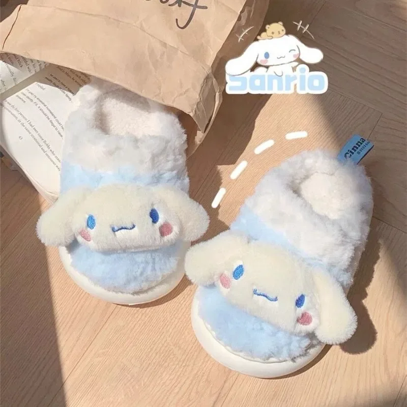 

Kawaii Hello Kitty Sanrio Cute Fluffy Slippers Autumn Winter Warm Shoes Dormitory Cinnamoroll Kuromi Christmas Gifts for Kids