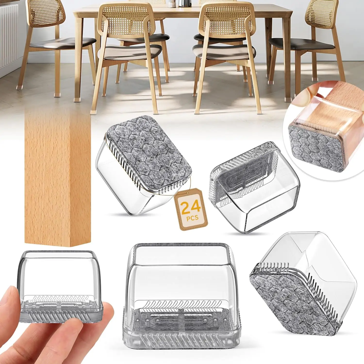 

24 Rectangular Chair Leg Floor Protectors, Non-Slip Felt Furniture Pads for Hardwood Floors, Silicone Cap Covers (L:1.34-1.57