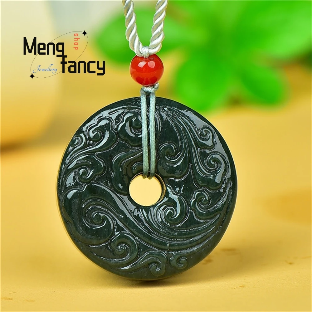 Natural Hetian Green Jade Retro Cloud pattern Peace Buckle Pendant Exquisite Mascot Handicraft High-grade Luxury Fashion Jewelry