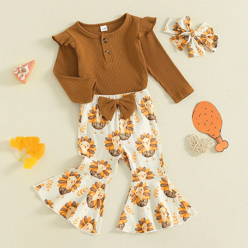 2024-07-16 Lioraitiin Baby Girls 3Pcs Thanksgiving Outfits Long Sleeve Romper + Bow Flare Pants + Headband Set Fall Clothes