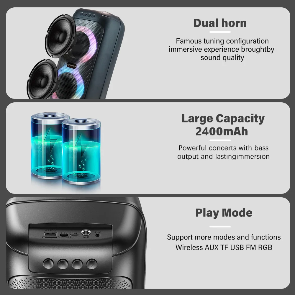 Portable Caixa De Som Bluetooth Speaker Wireless Outdoor Dancing Karaoke Speaker with MIC FM Radio RGB Dual 4-inch Subwoofer TWS