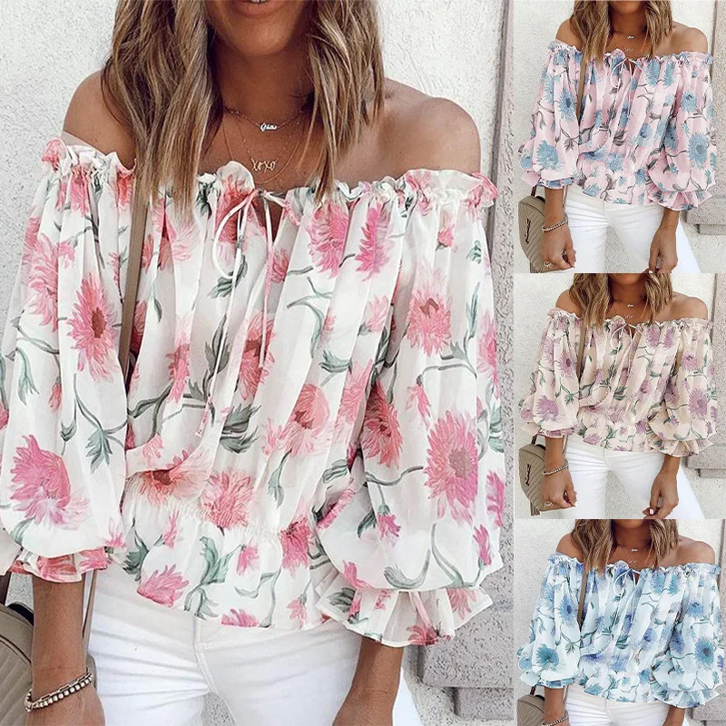 

Chiffon Top Women Spring Summer Off Shoulder Printed Long Sleeve Blouse Shirt Loose Boho Tee T Shirt Ladies Tunic Clothes