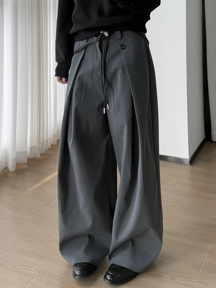 RORIRI ارتفاع الخصر دعوى السترة السراويل للرجال النساء رمادي فضفاض مستقيم العمل بنطلون زر تصميم مطوي قيعان ملابس للجنسين #3